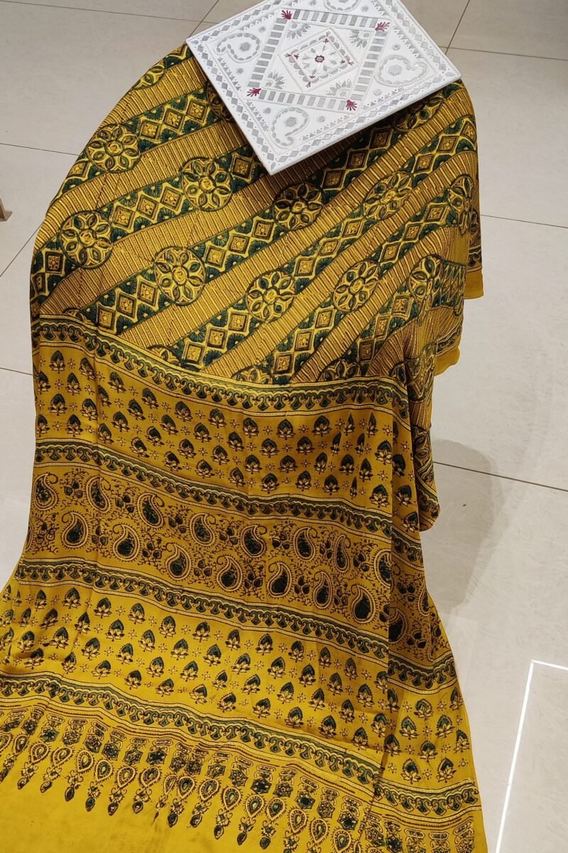 Bhuj Elegance - Yellow  and Green - Ajrakh Modal Silk Vegetable Dyed Saree