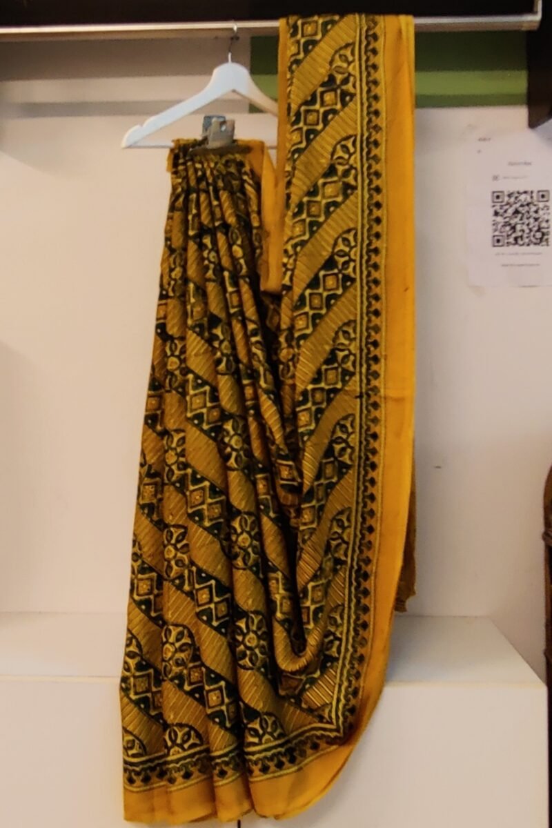 Bhuj Elegance - Yellow  and Green - Ajrakh Modal Silk Vegetable Dyed Saree - Image 3