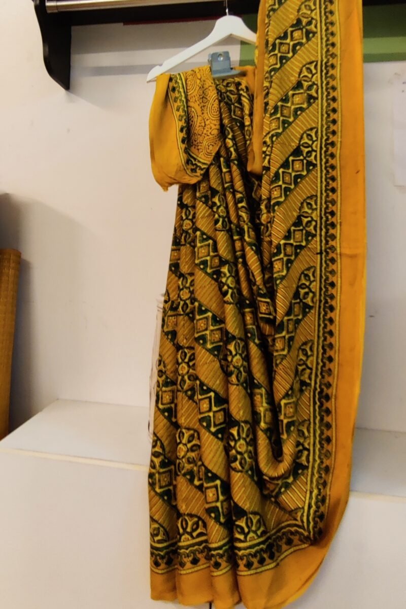 Bhuj Elegance - Yellow  and Green - Ajrakh Modal Silk Vegetable Dyed Saree - Image 4