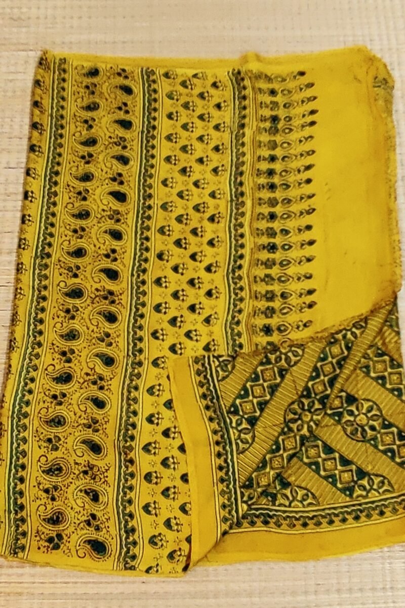 Bhuj Elegance - Yellow  and Green - Ajrakh Modal Silk Vegetable Dyed Saree - Image 6