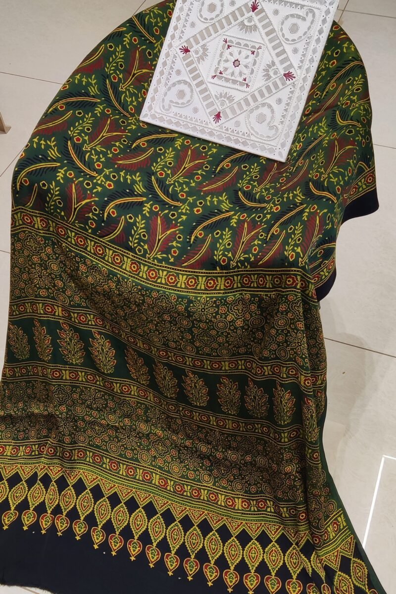 Bhuj Elegance - Bottle Green and Yellow - Ajrakh Modal Silk Vegetable Dyed Saree