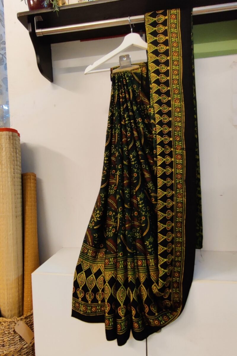 Bhuj Elegance - Bottle Green and Yellow - Ajrakh Modal Silk Vegetable Dyed Saree - Image 2