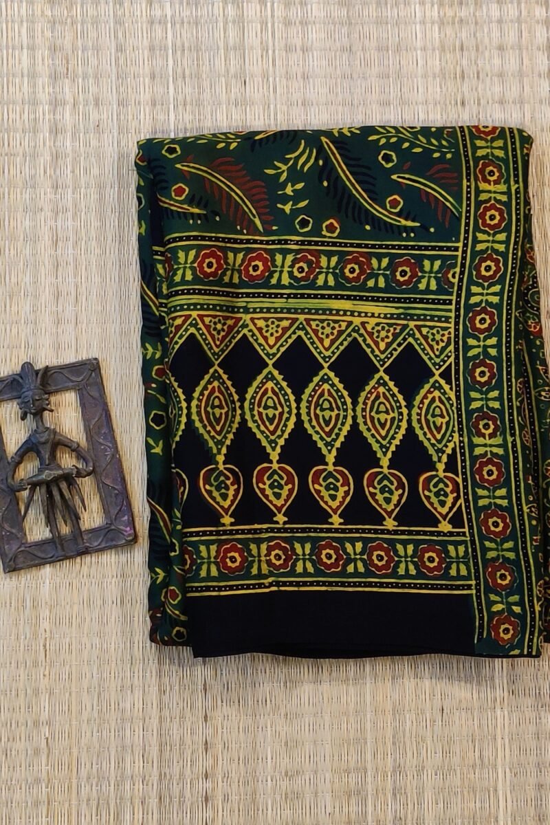 Bhuj Elegance - Bottle Green and Yellow - Ajrakh Modal Silk Vegetable Dyed Saree - Image 3