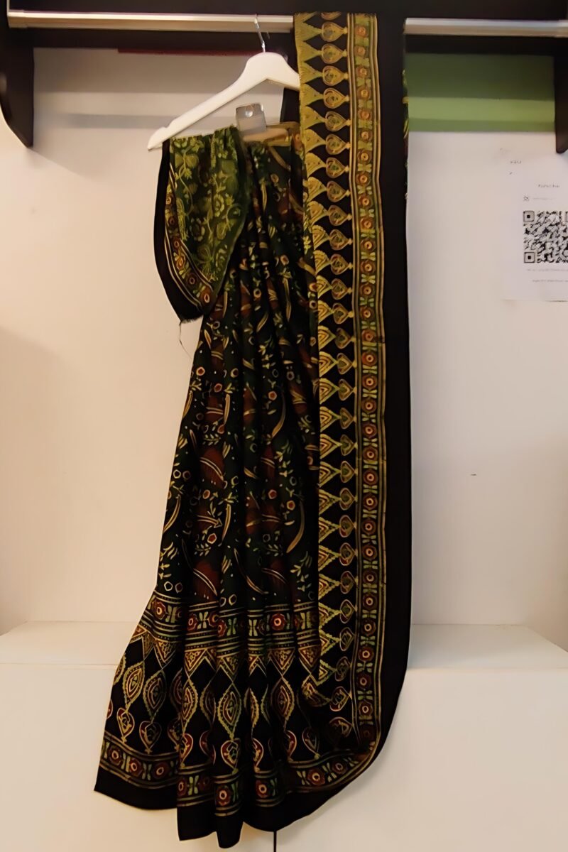 Bhuj Elegance - Bottle Green and Yellow - Ajrakh Modal Silk Vegetable Dyed Saree - Image 4