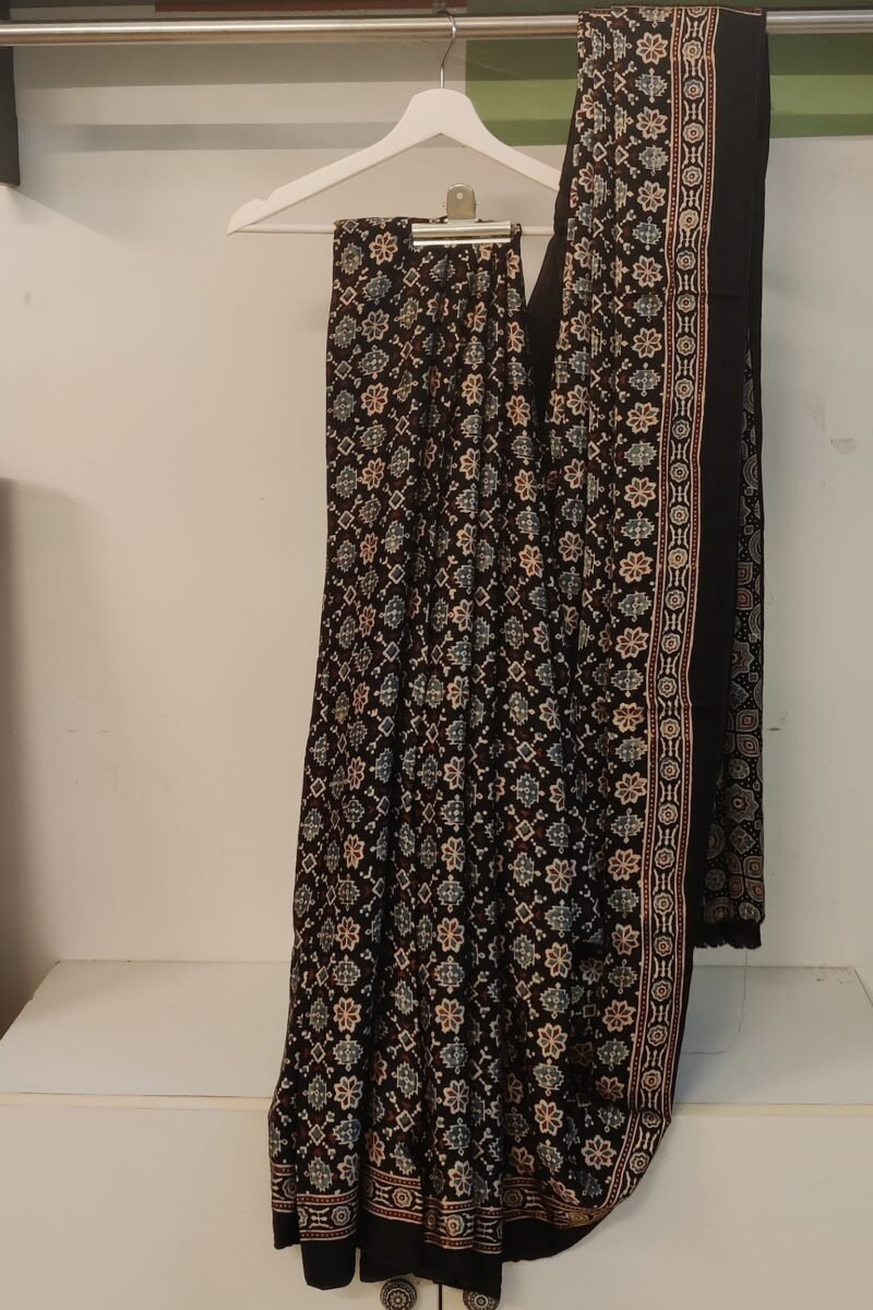 Bhuj Elegance - Black and Blue - Ajrakh Modal Silk Vegetable Dyed Saree