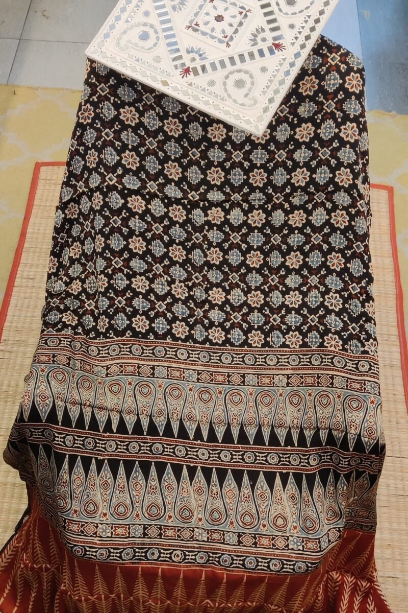 Bhuj Elegance - Black and Blue - Ajrakh Modal Silk Vegetable Dyed Saree - Image 2