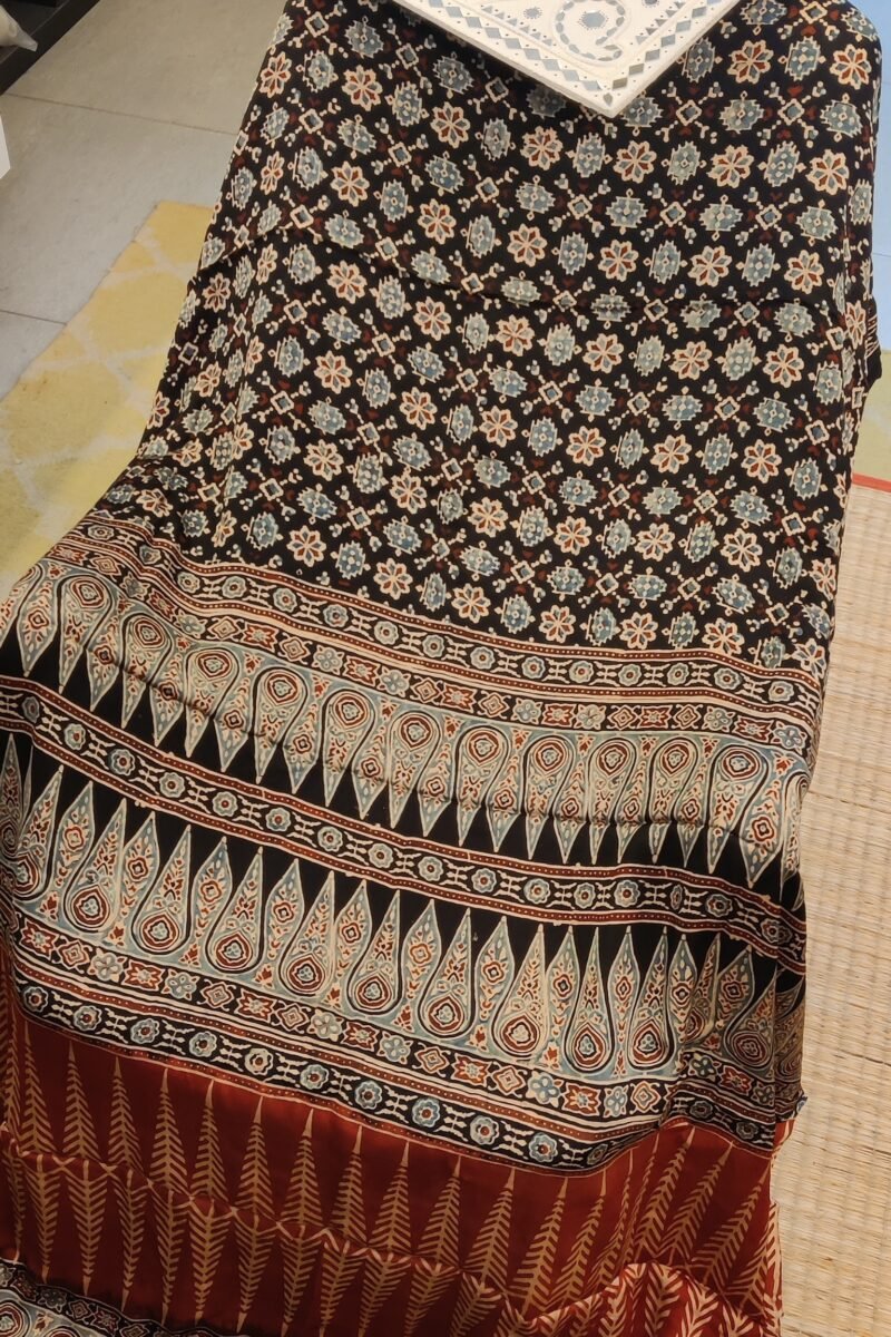 Bhuj Elegance - Black and Blue - Ajrakh Modal Silk Vegetable Dyed Saree - Image 3