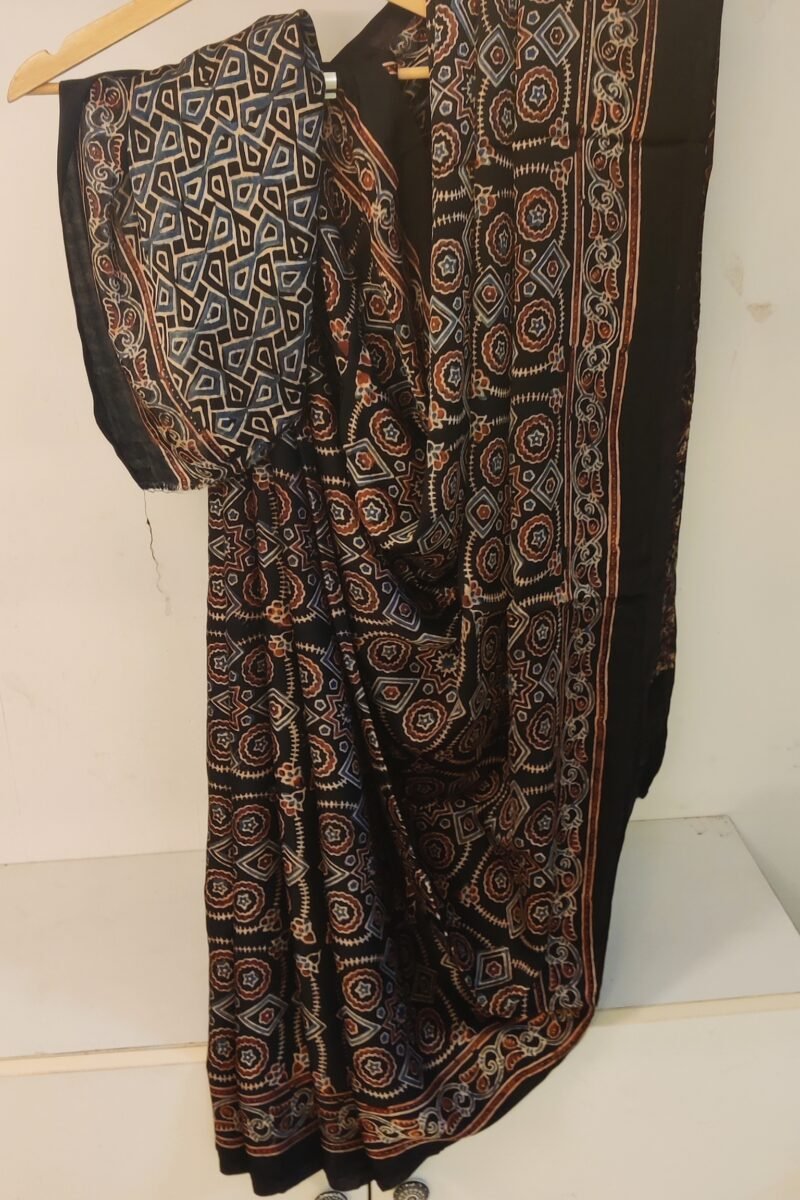 Bhuj Elegance - Black and Maroon - Ajrakh Modal Silk Vegetable Dyed Saree