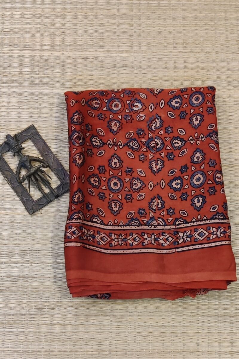 Bhuj Elegance - Rust and Blue - Ajrakh Modal Silk Vegetable Dyed Saree - Image 2