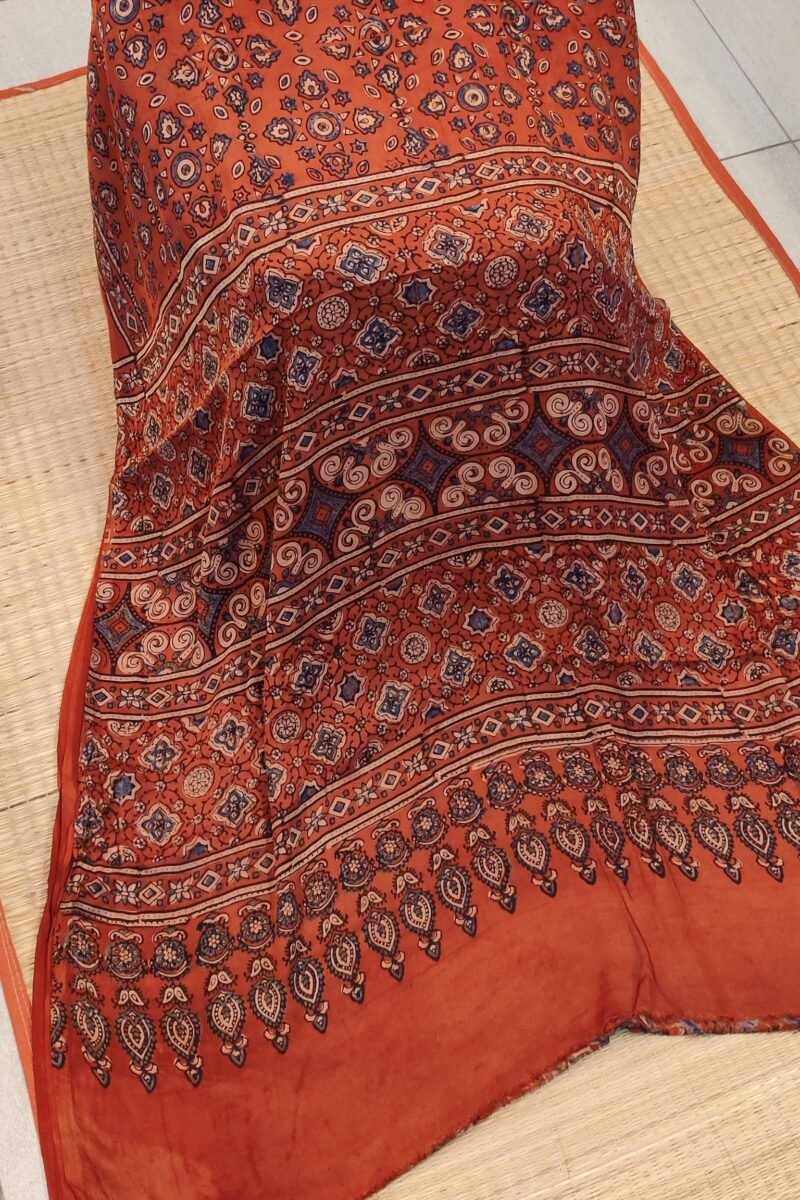 Bhuj Elegance - Rust and Blue - Ajrakh Modal Silk Vegetable Dyed Saree - Image 3