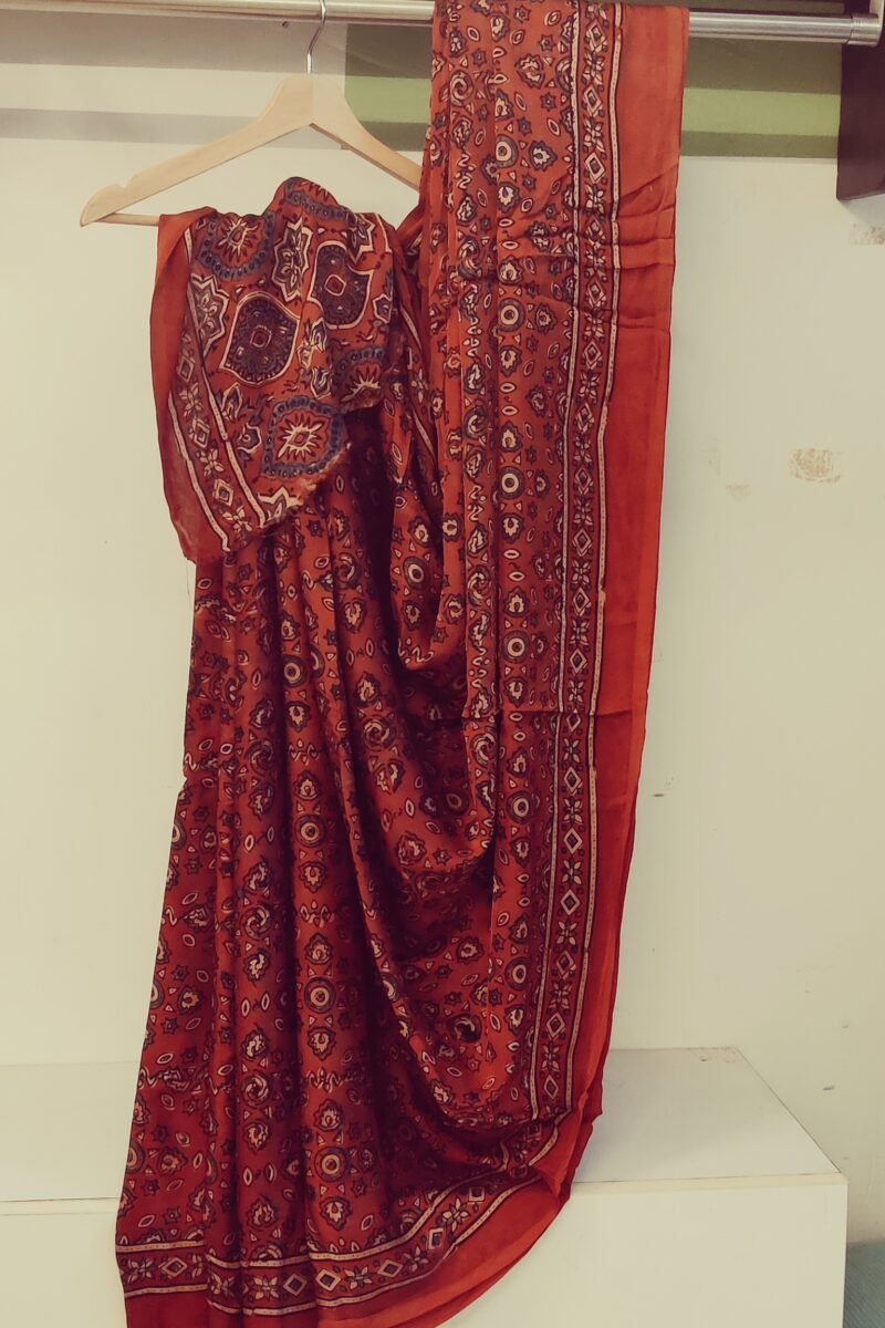 Bhuj Elegance - Rust and Blue - Ajrakh Modal Silk Vegetable Dyed Saree