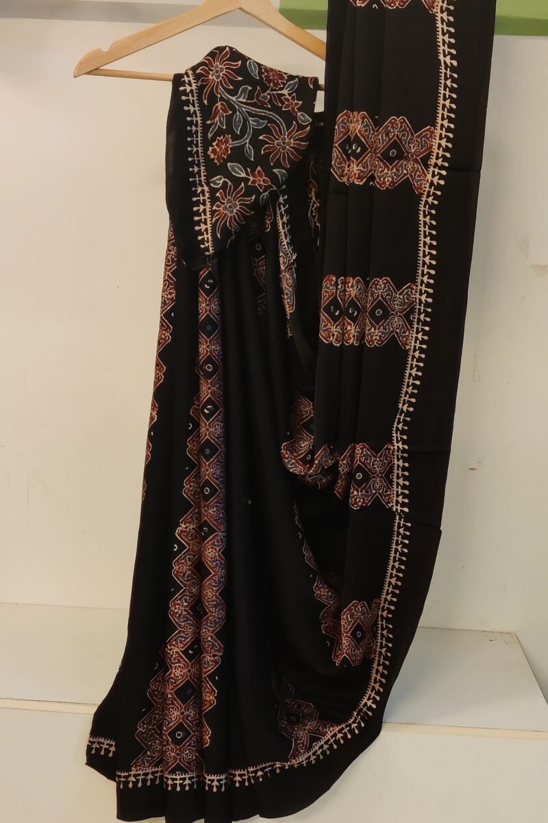 Bhuj Elegance - Black and Maroon - Ajrakh Modal Silk Vegetable Dyed Saree