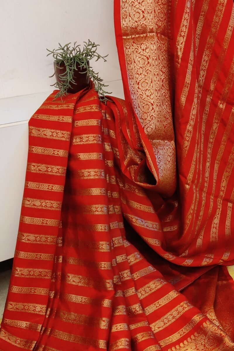 Banarasi Bloom: Red and Gold Khadi Silk Saree with Banarasi Weave