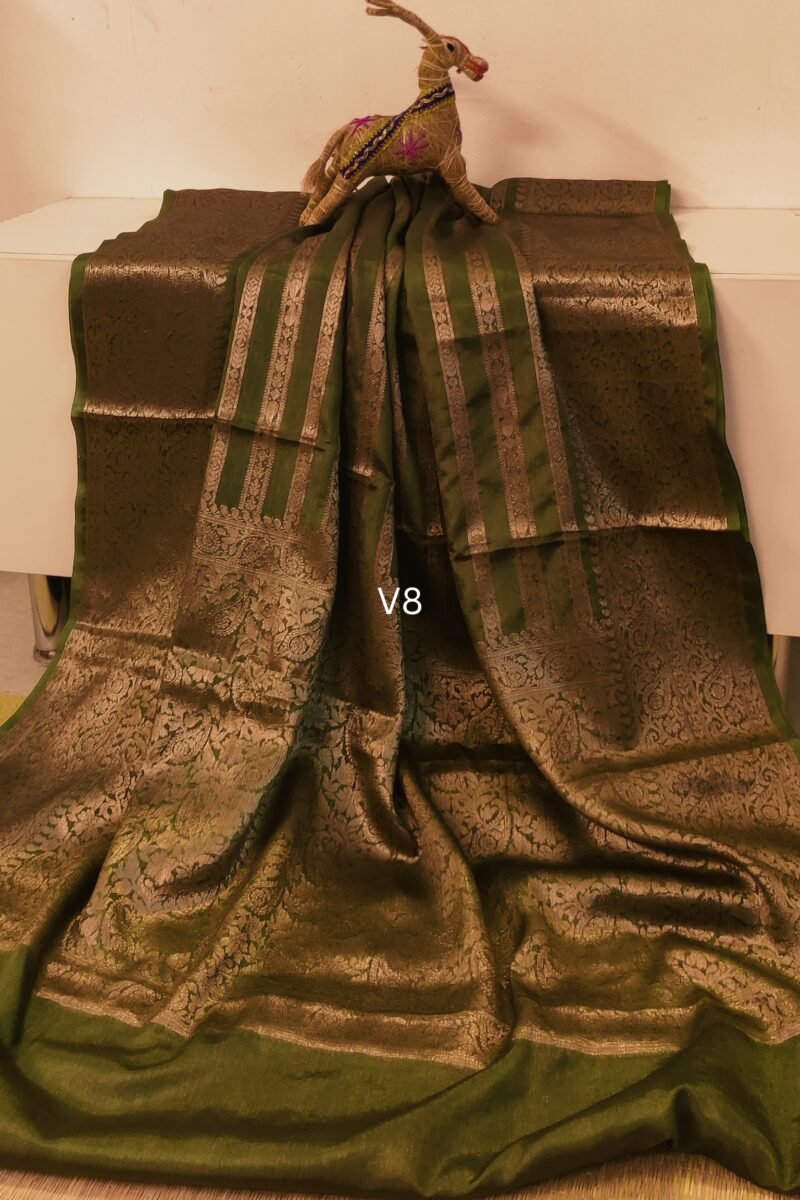 Banarasi Bloom: Mehendi Green and Gold Khadi Silk Saree with Banarasi Weave
