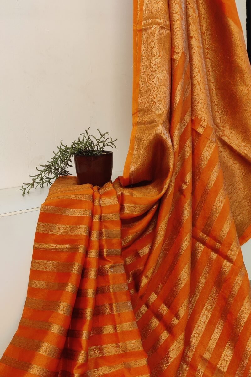 Banarasi Bloom: Orange and Gold Khadi Silk Saree with Banarasi Weave