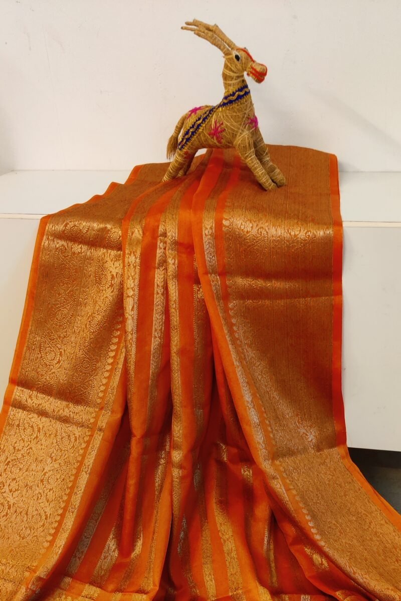Banarasi Bloom: Orange and Gold Khadi Silk Saree with Banarasi Weave - Image 2