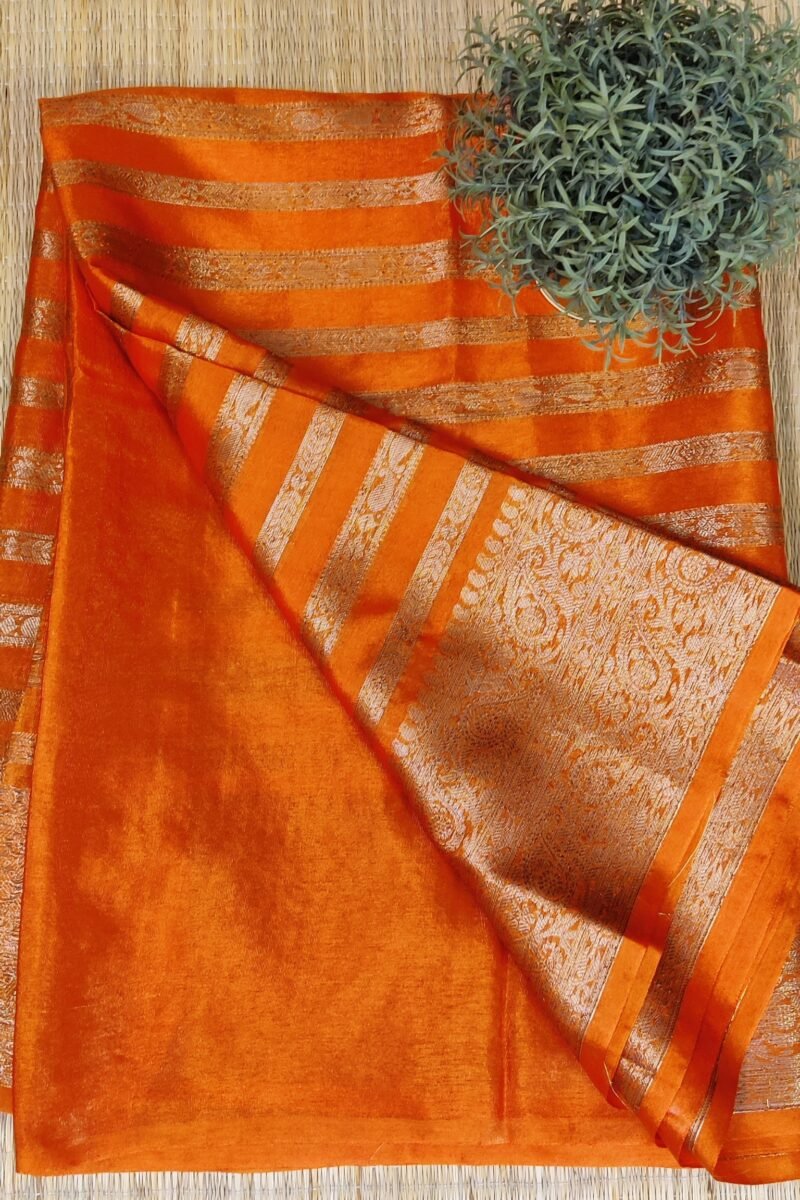 Banarasi Bloom: Orange and Gold Khadi Silk Saree with Banarasi Weave - Image 3