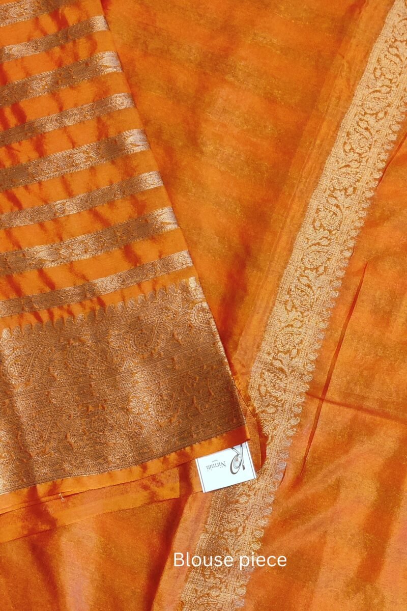 Banarasi Bloom: Orange and Gold Khadi Silk Saree with Banarasi Weave - Image 6
