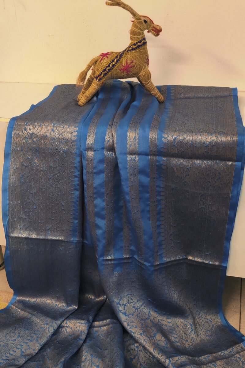 Banarasi Bloom: Cobalt Blue and Gold Khadi Silk Saree with Banarasi Weave