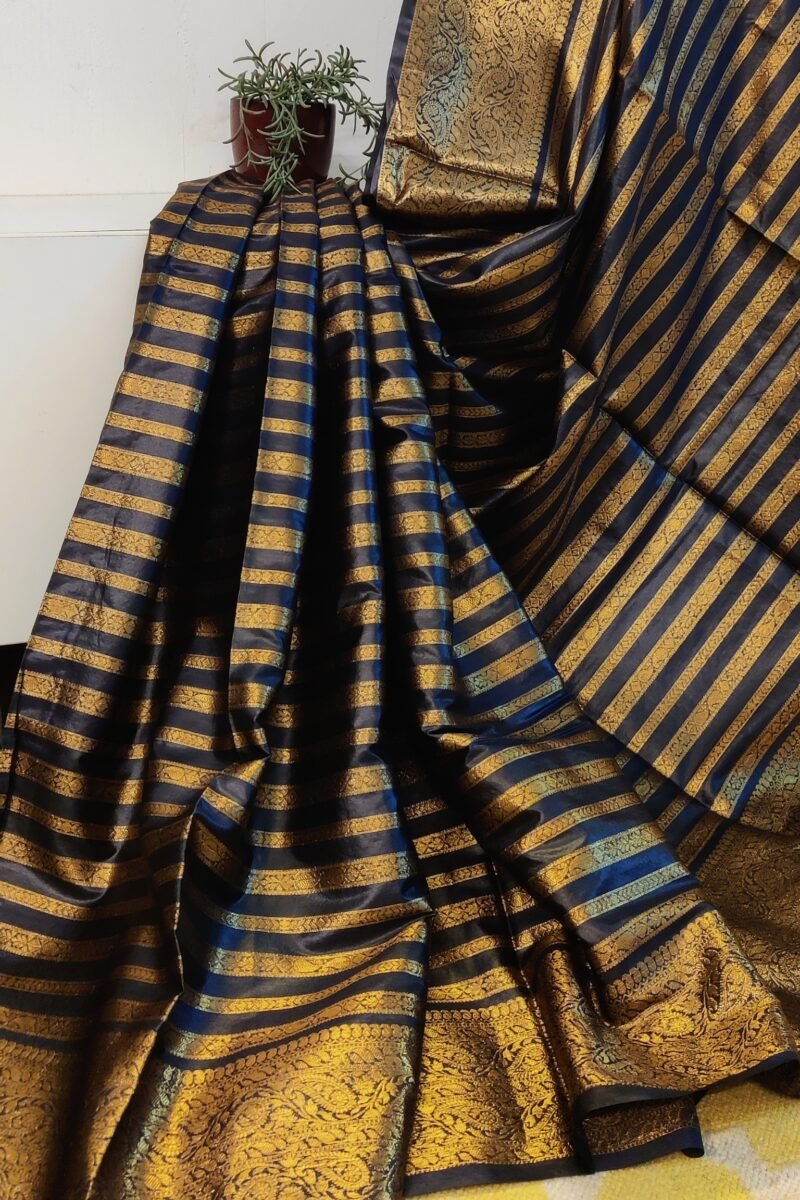 Banarasi Bloom: Black and Gold Khadi Silk Saree with Banarasi Weave