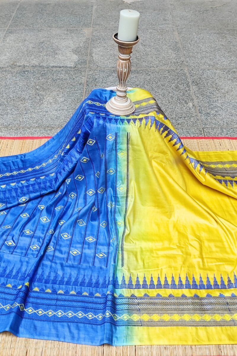 Katan Charm - Yellow and Blue - Katan Staple Silk Digital Embroidery Saree