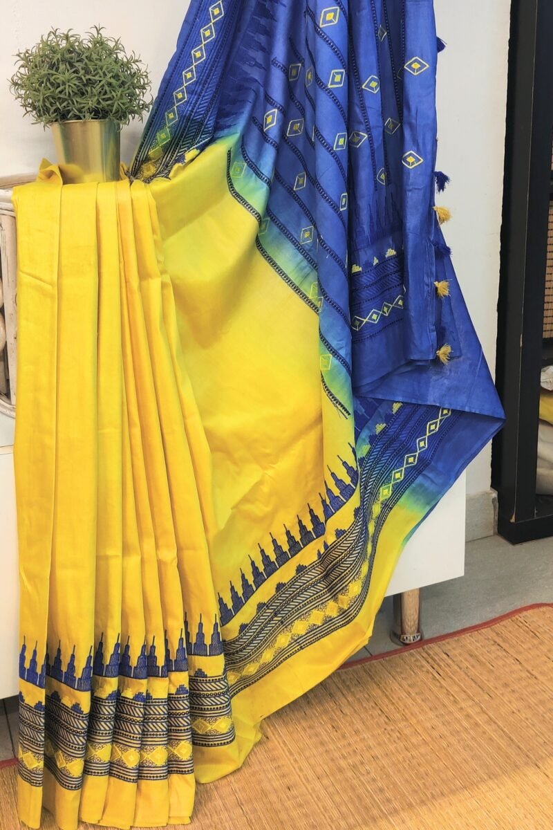Katan Charm - Yellow and Blue - Katan Staple Silk Digital Embroidery Saree - Image 2