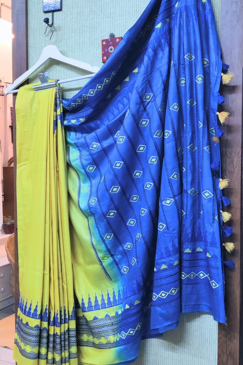 Katan Charm - Yellow and Blue - Katan Staple Silk Digital Embroidery Saree - Image 3