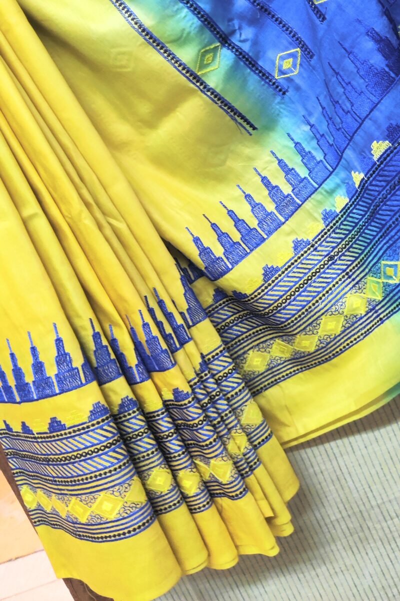 Katan Charm - Yellow and Blue - Katan Staple Silk Digital Embroidery Saree - Image 4