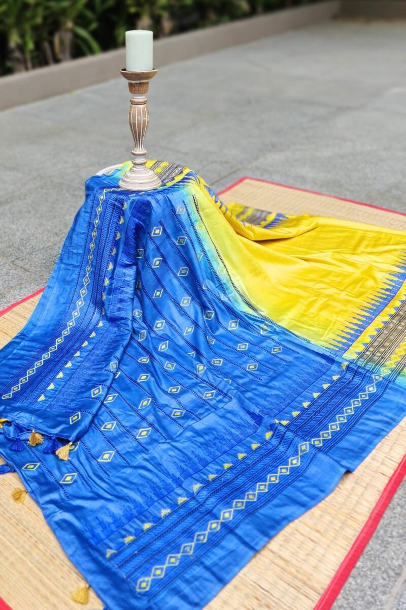 Katan Charm - Yellow and Blue - Katan Staple Silk Digital Embroidery Saree - Image 5