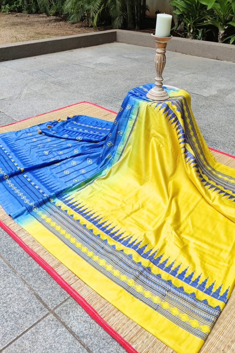 Katan Charm - Yellow and Blue - Katan Staple Silk Digital Embroidery Saree - Image 6