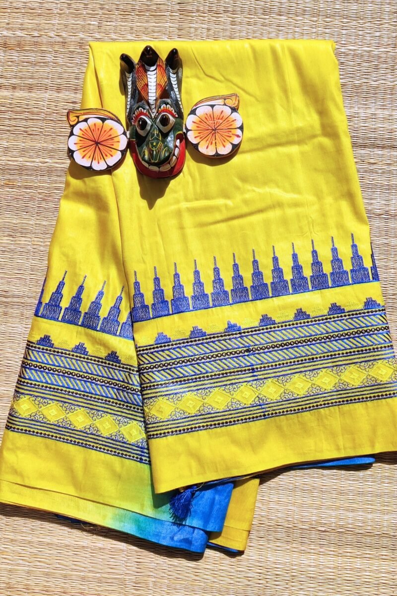 Katan Charm - Yellow and Blue - Katan Staple Silk Digital Embroidery Saree - Image 7