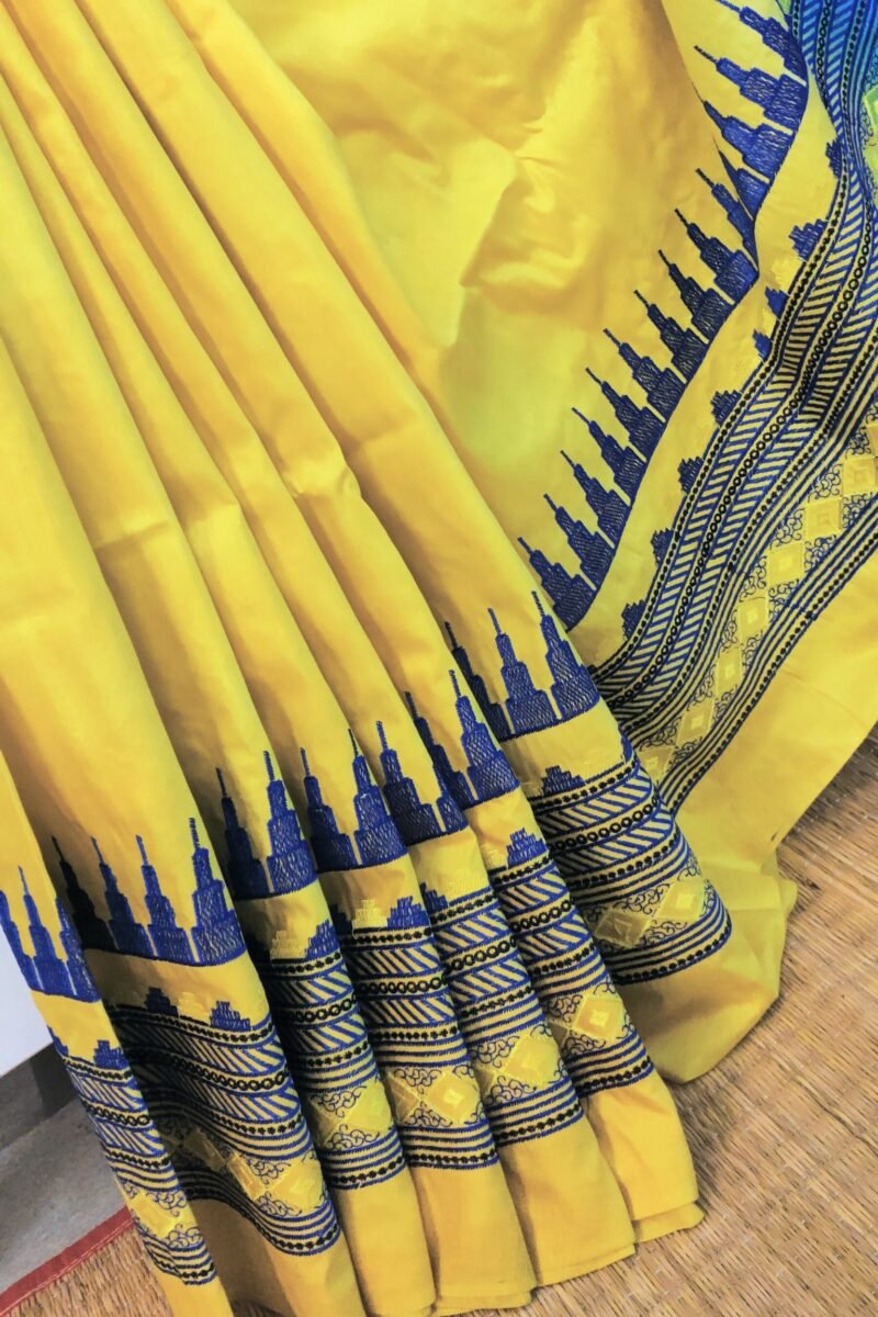 Katan Charm - Yellow and Blue - Katan Staple Silk Digital Embroidery Saree - Image 9