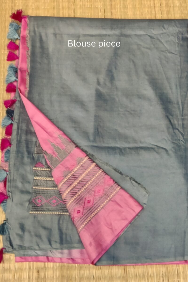 Katan Charm - Pink and Grey - Katan Staple Silk Digital Embroidery Saree - Image 10