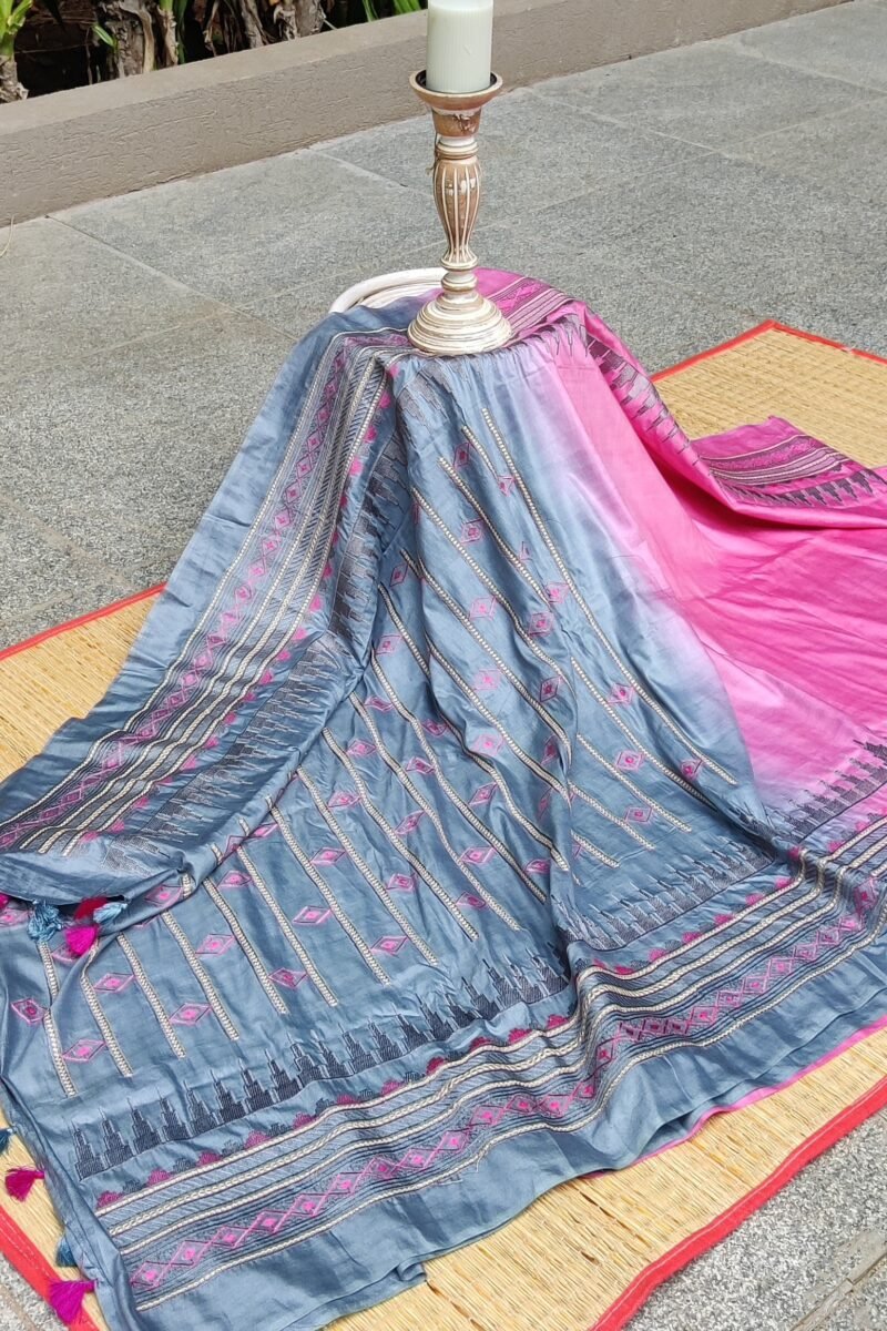 Katan Charm - Pink and Grey - Katan Staple Silk Digital Embroidery Saree - Image 2