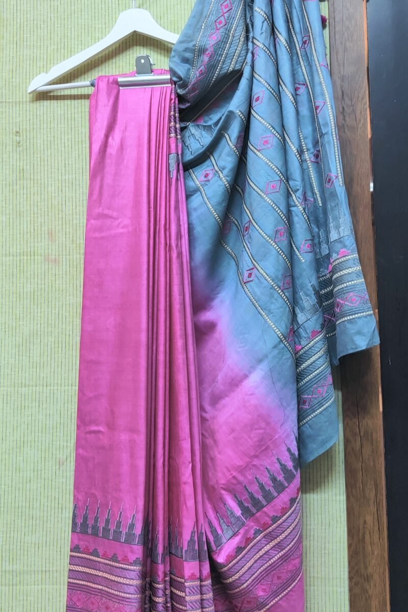 Katan Charm - Pink and Grey - Katan Staple Silk Digital Embroidery Saree - Image 3
