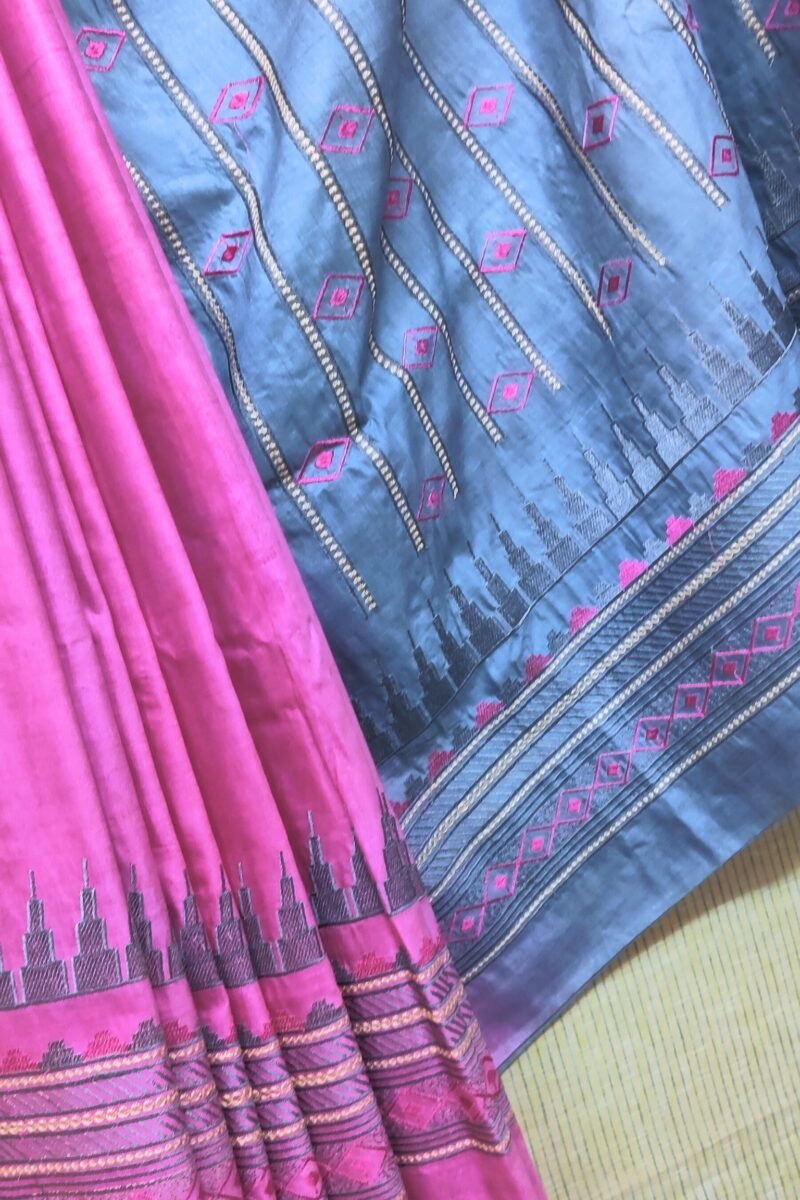 Katan Charm - Pink and Grey - Katan Staple Silk Digital Embroidery Saree - Image 4