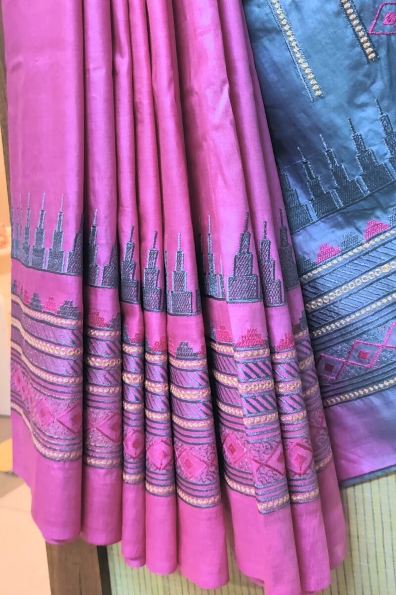 Katan Charm - Pink and Grey - Katan Staple Silk Digital Embroidery Saree - Image 5