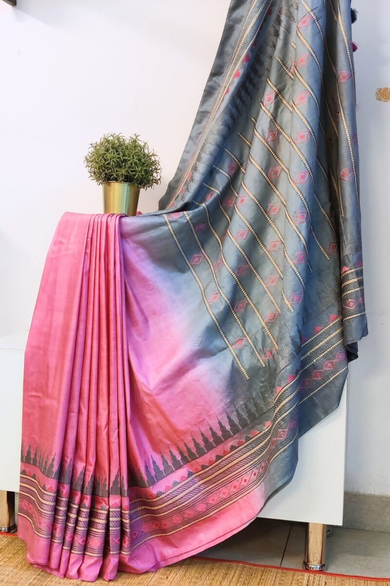 Katan Charm - Pink and Grey - Katan Staple Silk Digital Embroidery Saree - Image 6