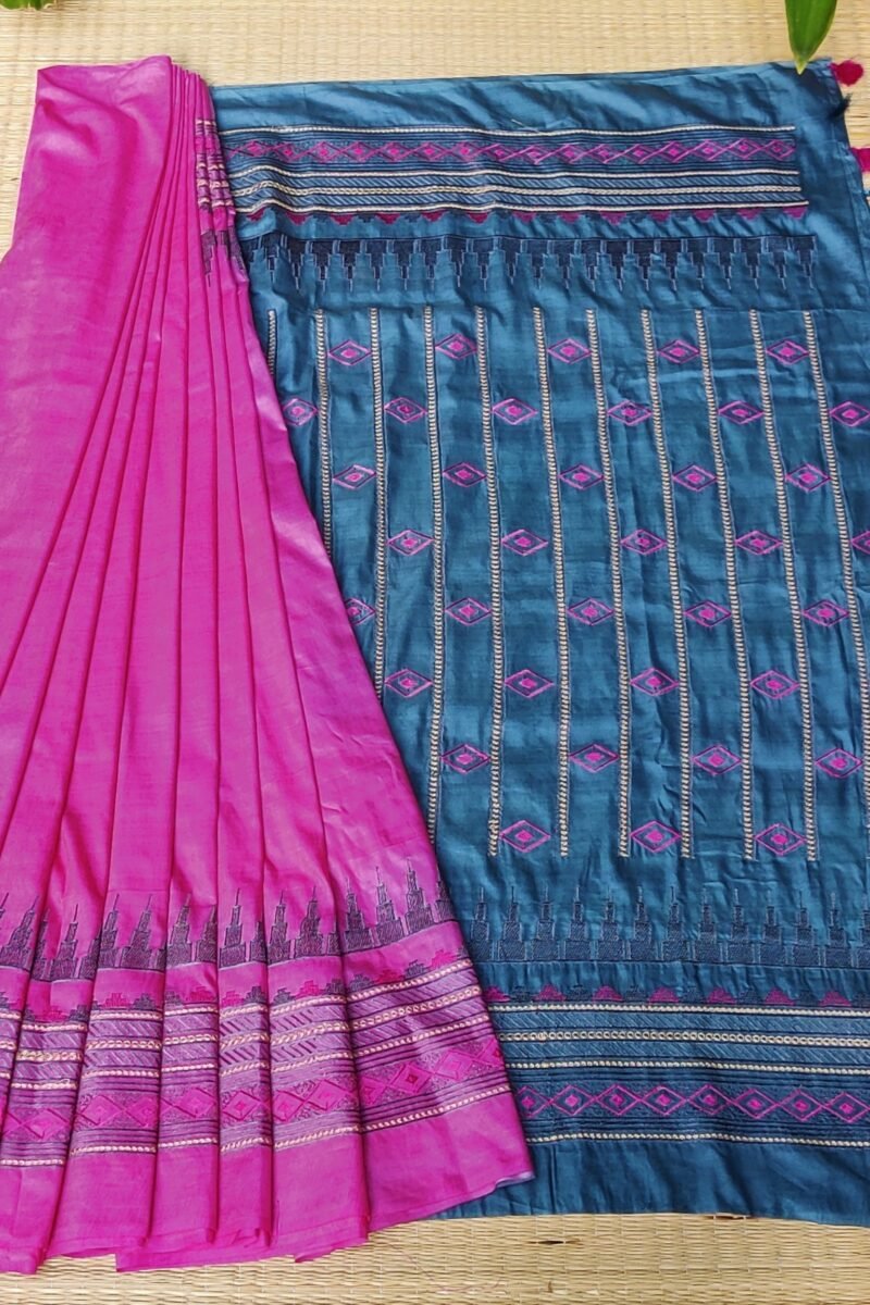 Katan Charm - Pink and Grey - Katan Staple Silk Digital Embroidery Saree - Image 8