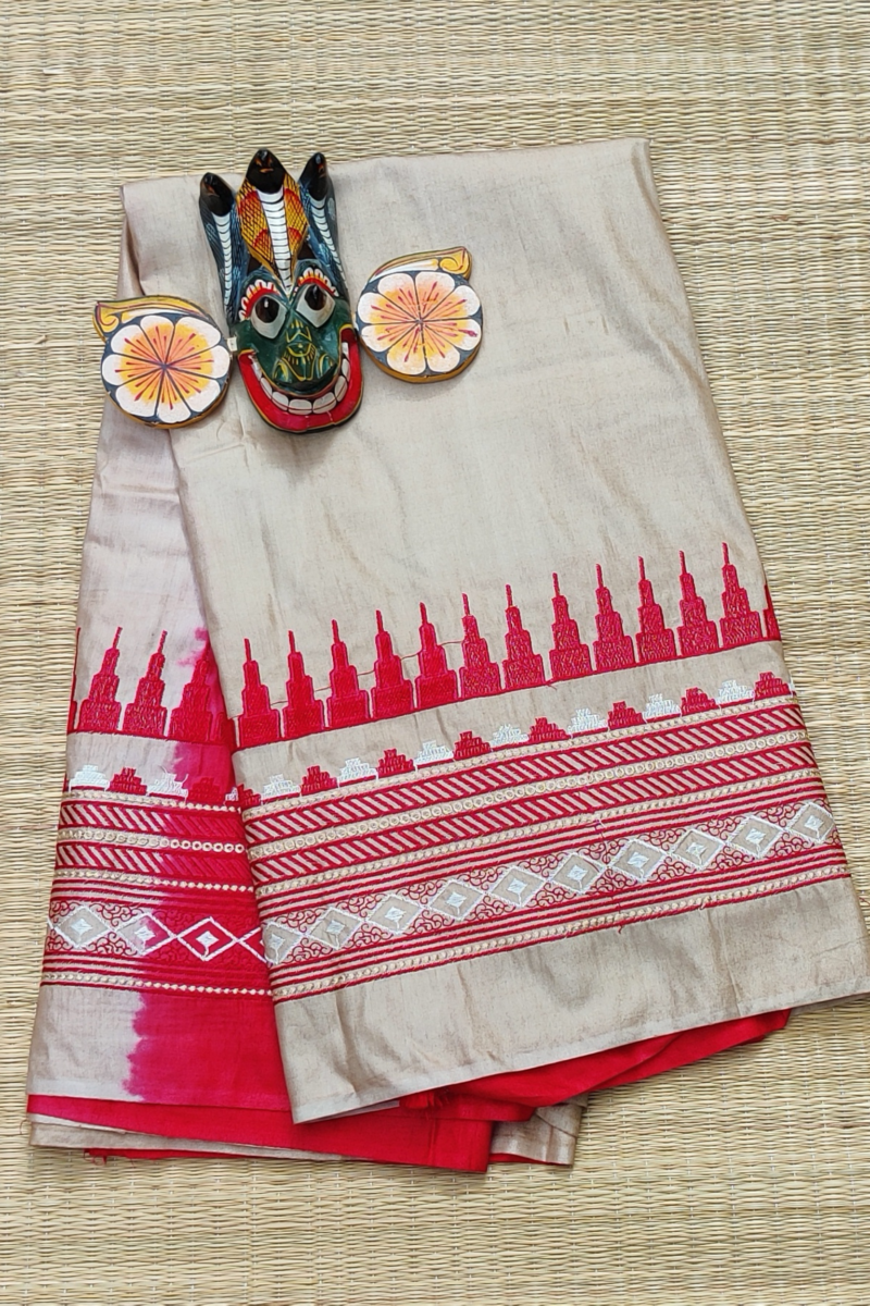 Katan Charm - Brown and Red - Katan Staple Silk Digital Embroidery Saree
