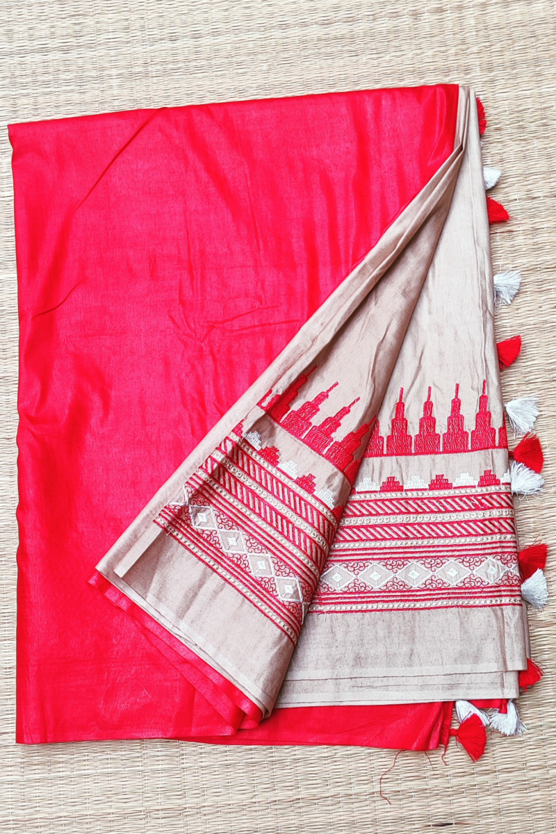 Katan Charm - Brown and Red - Katan Staple Silk Digital Embroidery Saree - Image 10