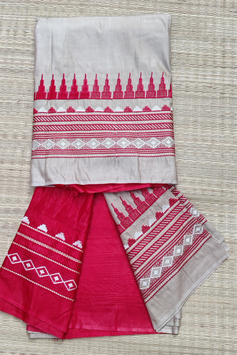 Katan Charm - Brown and Red - Katan Staple Silk Digital Embroidery Saree - Image 2