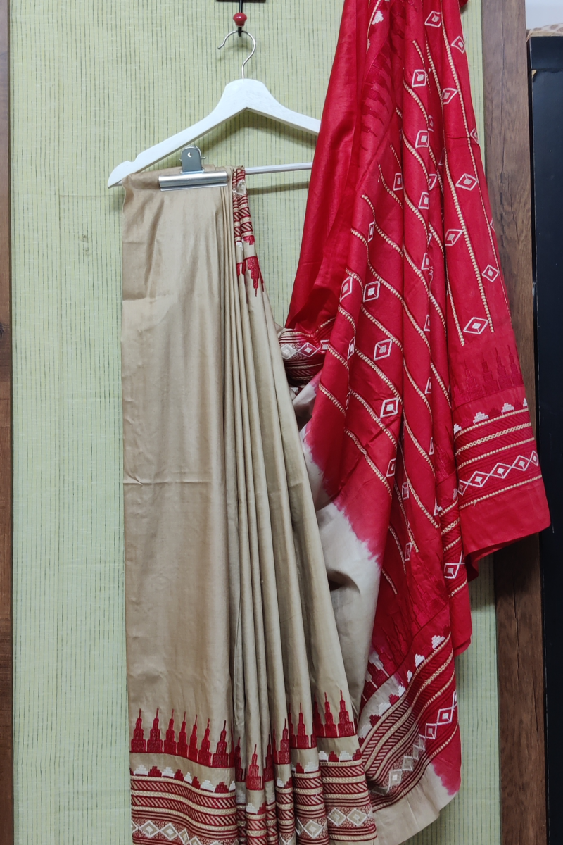 Katan Charm - Brown and Red - Katan Staple Silk Digital Embroidery Saree - Image 3