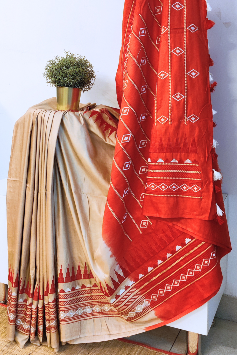 Katan Charm - Brown and Red - Katan Staple Silk Digital Embroidery Saree - Image 4