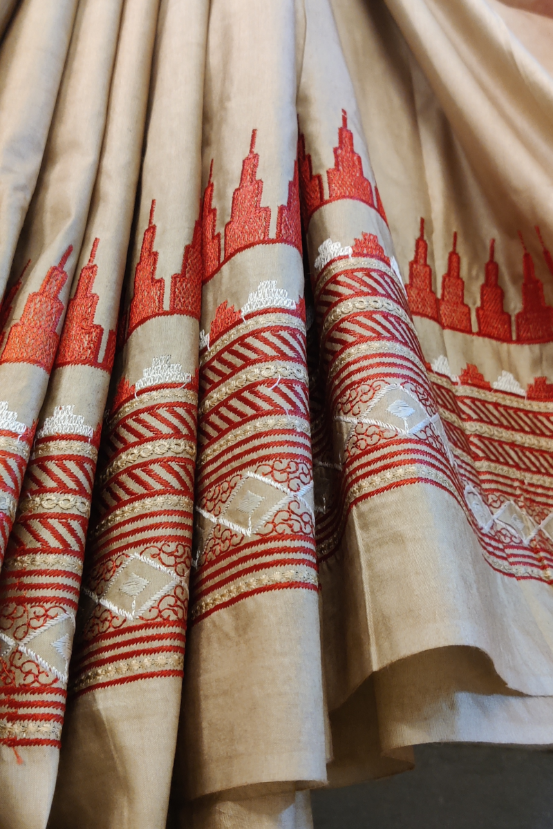 Katan Charm - Brown and Red - Katan Staple Silk Digital Embroidery Saree - Image 5