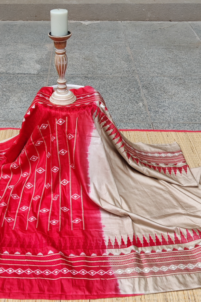 Katan Charm - Brown and Red - Katan Staple Silk Digital Embroidery Saree - Image 7