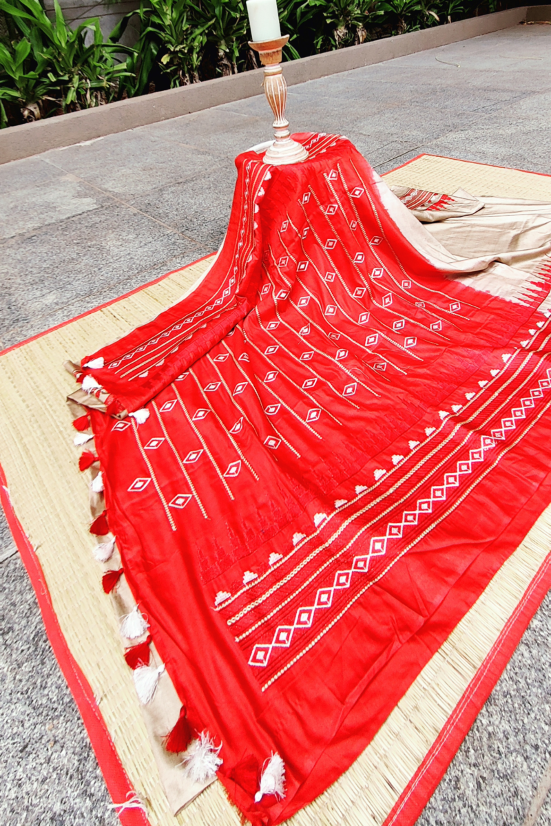 Katan Charm - Brown and Red - Katan Staple Silk Digital Embroidery Saree - Image 8