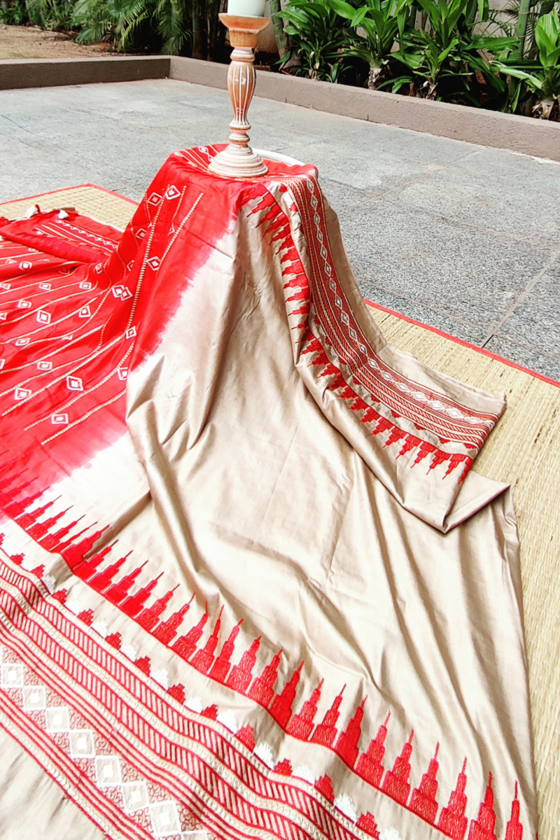 Katan Charm - Brown and Red - Katan Staple Silk Digital Embroidery Saree - Image 9