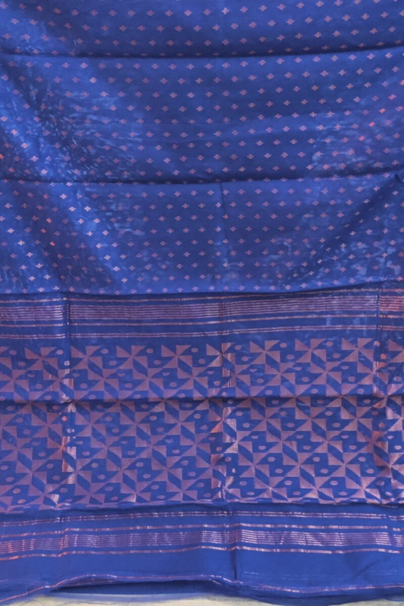 Jamdani Joy - Navy Blue and Bronze Mul Cotton Handwoven Jamdani Saree - Image 2
