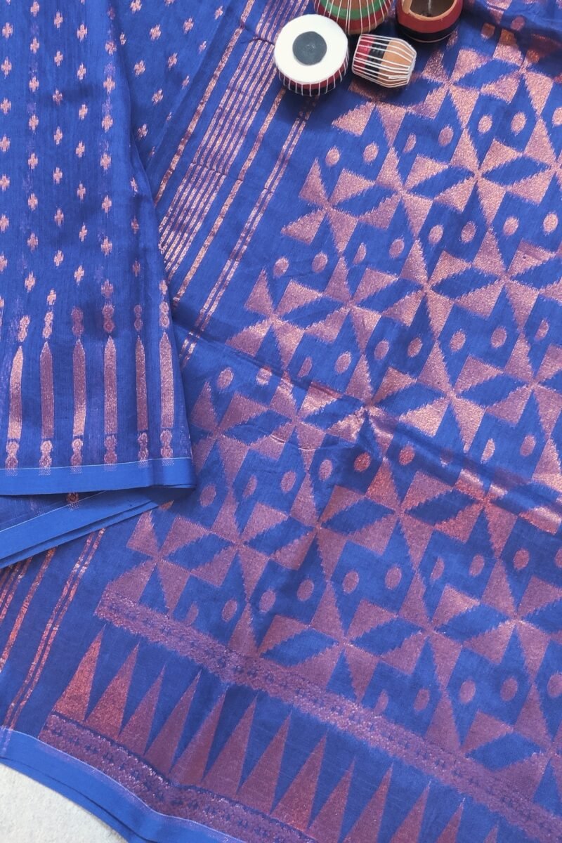 Jamdani Joy - Navy Blue and Bronze Mul Cotton Handwoven Jamdani Saree - Image 4